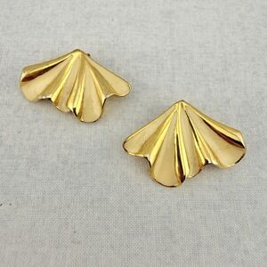 Vintage Bluette France Shoe Clips Scallop Fan Gold Tone Cream Enamel MCM Mod Pop